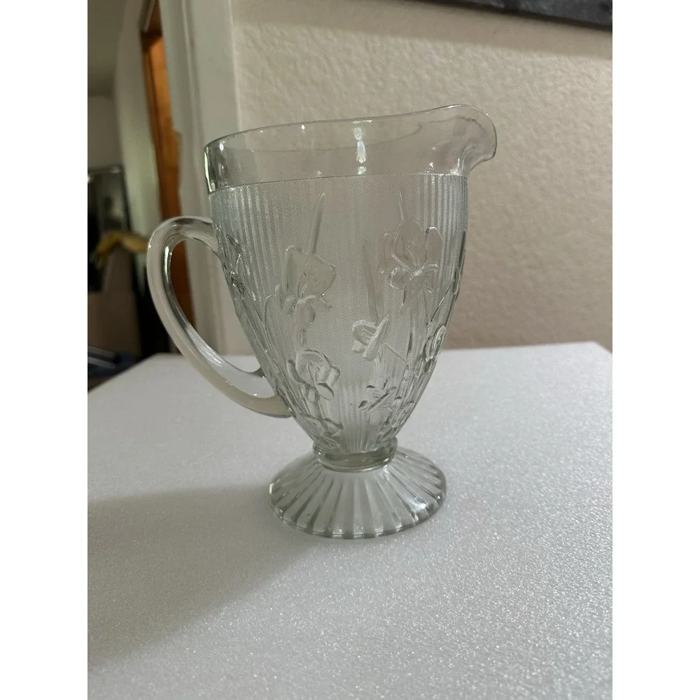Vtg Clear Depression Glass Jeanette Iris & Herringbone Pitcher & 4 Tall Glasses